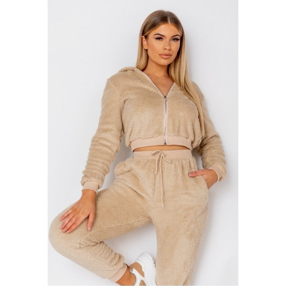 Beige Teddy Bear Fur Long Sleeve Hooded Crop Top and Jogger Pants Two Piece Set - Picture 10 of 11